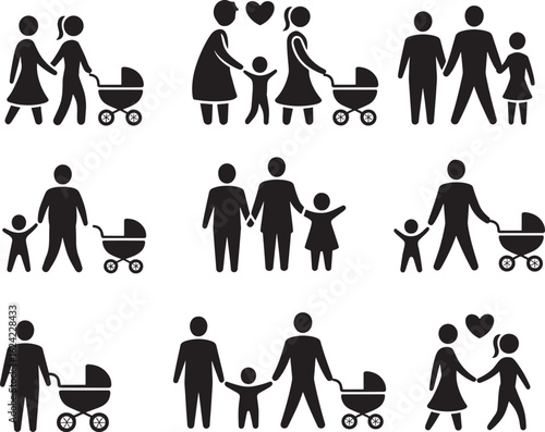 Diverse family silhouettes with children and strollers