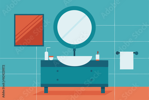 modern bathroom with floating vanity  round mirror 