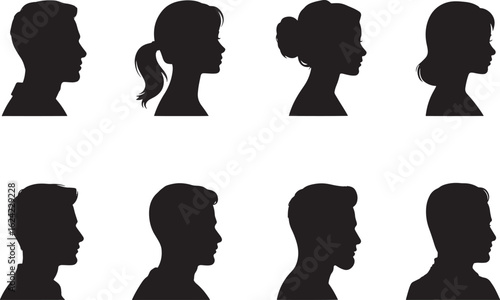 Diverse human silhouettes in profile facing right and left