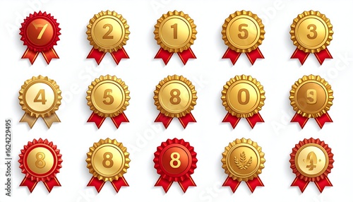 Collection of Gold and Red Award Medals with Numbers and Ribbons on White Background