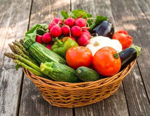 Seasonal vegetables glow in soft natural light, arranged in a basket on rustic wood, full of freshness and color.