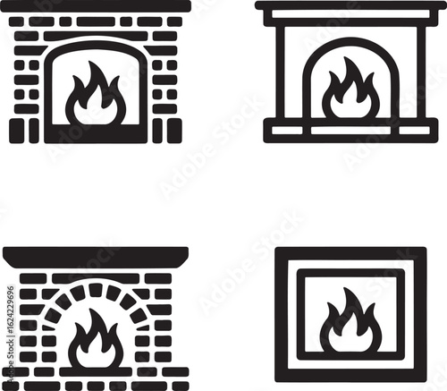 Set of Fireplace Outline vector illustration isolated On Transparent Background