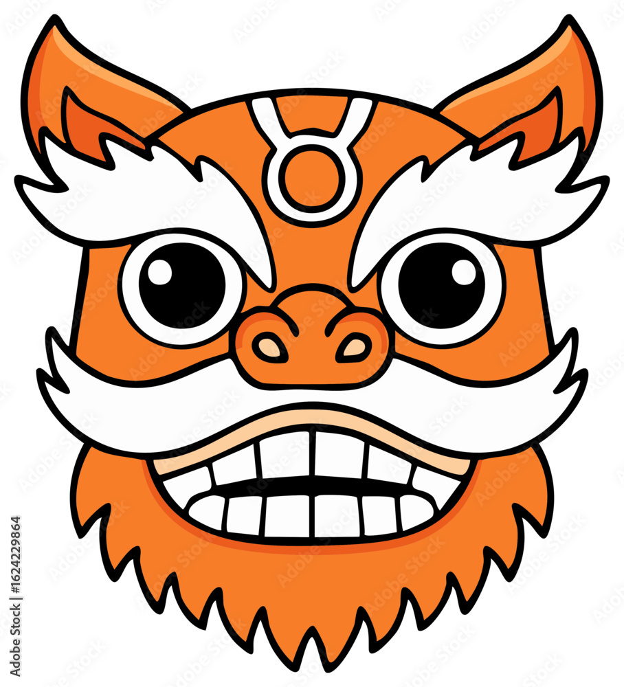 Fototapeta premium Traditional Chinese Lion Dance Mask Cartoon Illustration Festive Celebration Symbol