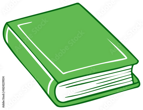 Green book illustration, cartoon style, with white outline and detail on pages