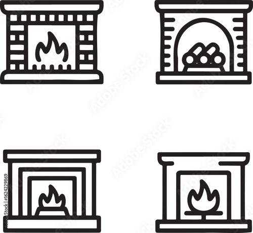Set of Fireplace Outline vector illustration isolated On Transparent Background