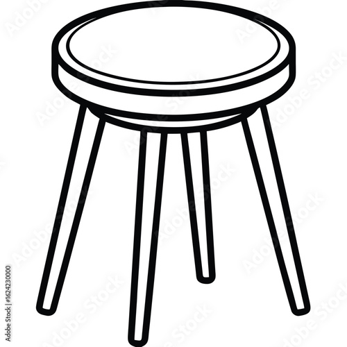 Simple stool illustration with three legs round seat black and white outline
