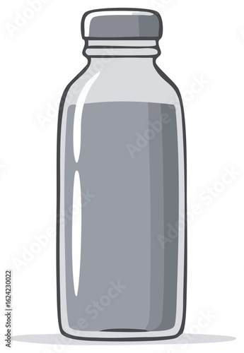 Simple cartoon illustration of a grayscale glass bottle with liquid
