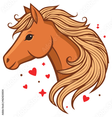 Stylized Brown Horse Head with Flowing Mane and Hearts Illustration