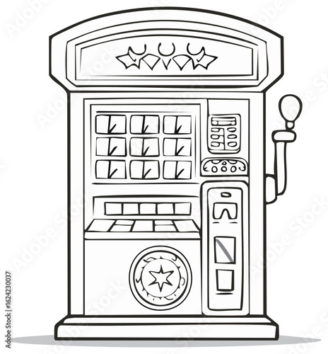 Cartoon style image of slot machine with stars and star design on the front, outline vector