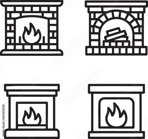 Set of Fireplace Outline vector illustration isolated On Transparent Background