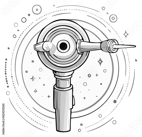 Illustrated otoscope medical tool with abstract background