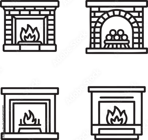 Set of Fireplace Outline vector illustration isolated On Transparent Background
