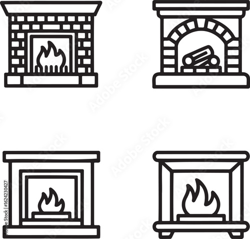 Set of Fireplace Outline vector illustration isolated On Transparent Background
