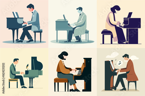 flat illustration of a skilled pianist