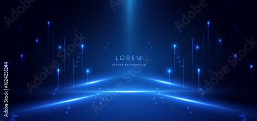 Futuristic glowing blue beam on dark blue background.
