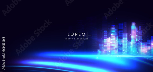 Smart city night skyscrapers on dark blue background.