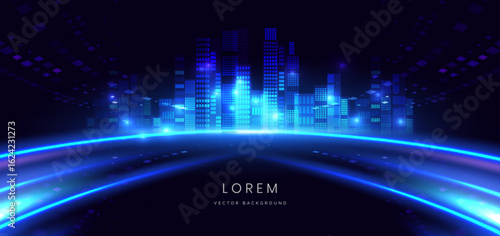 Smart city night skyscrapers on dark dark background with lighting effect.