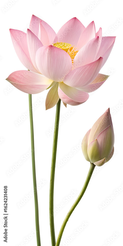 Naklejka premium Pink Lotus Flower with Bud Delicate Petals on transparent background