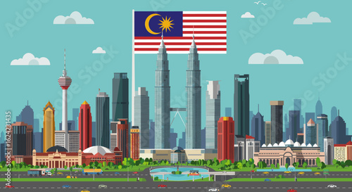 The image showcases the iconic Petronas Towers in Kuala Lumpur, illuminated under the Malaysian flag, symbolizing modernity, economic growth, and national pride.