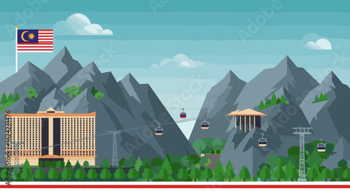 a beautiful mountainous landscape in Malaysia with a cable car system operating, and the Malaysian flag proudly displayed.