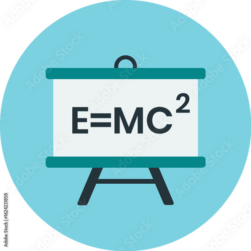 Illustration of a whiteboard displaying Einstein's famous equation E=MC^2, set against a light blue circular background.