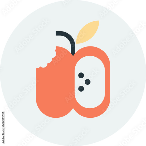 Red apple icon with a bite mark, showing the core and seeds. Modern flat vector graphic for healthy food and nutrition concepts.