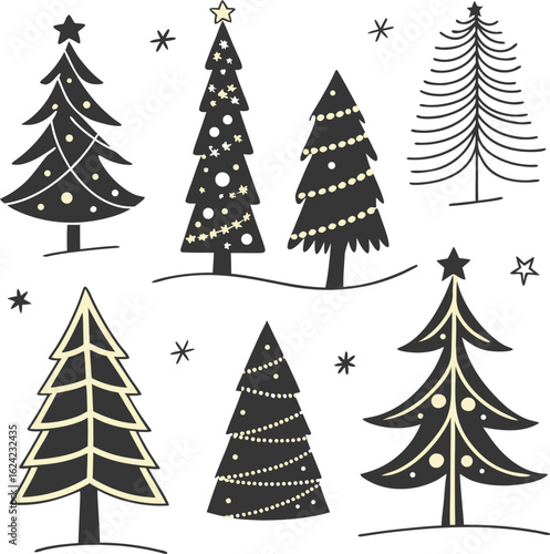 Collection of stylized christmas trees with lights and stars isolated on transparent background