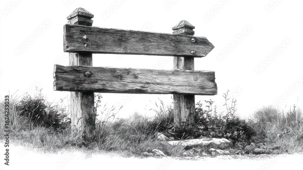 Fototapeta premium Weathered wooden signpost with an arrow pointing right, set in tall grass