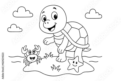 Fototapeta Naklejka Na Ścianę i Meble -  A cute coloring page featuring a smiling turtle, cheerful crab, and happy starfish on a small island, perfect for kids who love sea animals and fun beach scenes