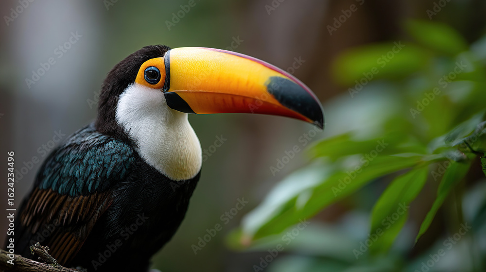 Obraz premium Toucan with vibrant yellow-orange beak and black body in lush green habitat