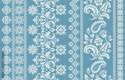 floral pattern vintage ethnic modern embroidery texture boho design vector illustration hand drawn pink flower motif branches leaves wallpaper seamless background border.