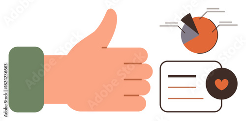 Large thumbs-up hand next to pie chart, textual elements, and heart icon. Ideal for approval, feedback, analytics, appreciation, success productivity teamwork themes. Simple flat metaphor