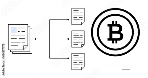 Document stacks connected to verified files and a Bitcoin icon, symbolizing blockchain validation and cryptocurrency payments. Ideal for finance, technology, blockchain, cryptocurrency, digital