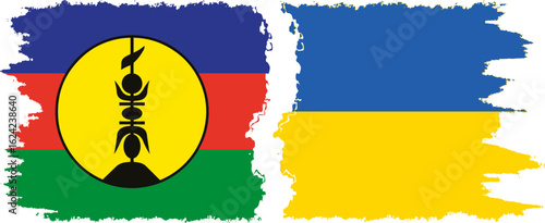 Ukraine and New Caledonia grunge flags connection, vector