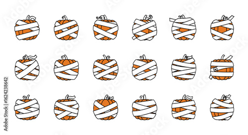 Illustration of a collection of pumpkins decorated as mummies with white bandages for halloween season