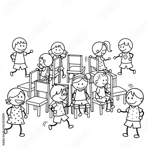 Children playing musical chairs, some are seated while others are running around the chairs.