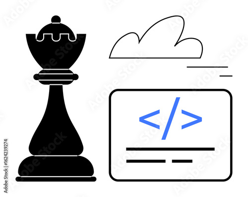 Chess piece symbolizing strategy, coding interface, and cloud shape representing software development. Ideal for technology, innovation, programming, cloud computing, strategy, business planning
