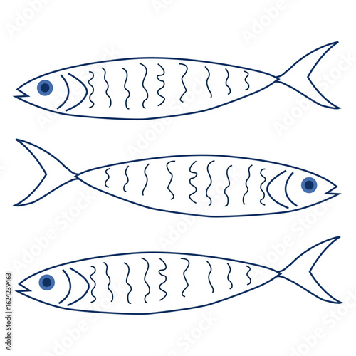 Three stylized blue sardines with wavy patterns arranged in a horizontal row.