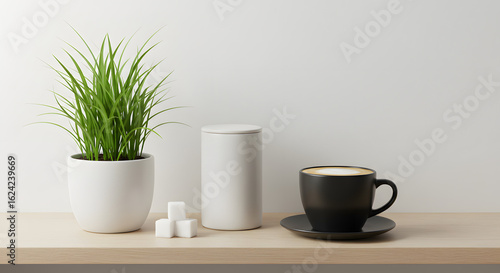 Wallpaper Mural Potted Plant Coffee and Sugar Cubes on Shelf green Torontodigital.ca