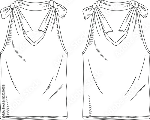 Fashionable sleeveless summer tops with tied shoulder straps, detailed CAD flat vector illustration for fashion design, stylish trendy apparel drawing