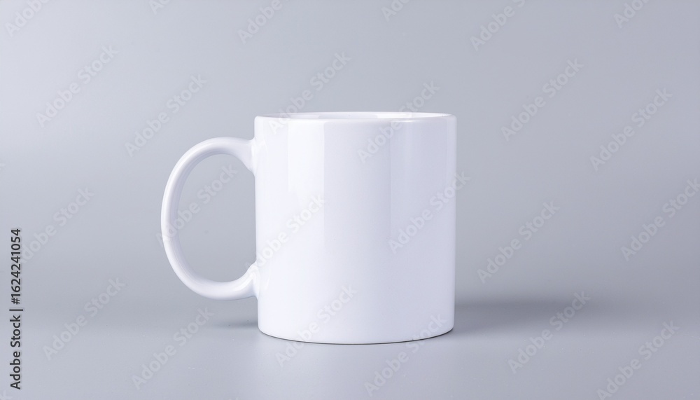 A simple white ceramic coffee mug with a handle, isolated on a plain light grey background. A simple white ceramic coffee mug with a handle, isolated on a plain light grey background.