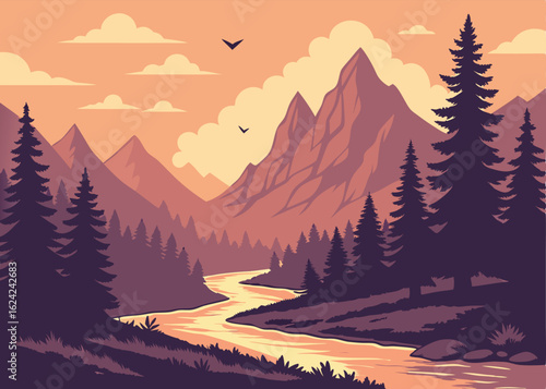 Majestic Mountain Landscape with River and Pine Trees Vector Illustration in Warm Sunset Colors a Serene Outdoor Scenery