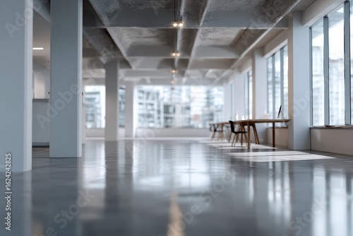 Spacious open office layout showcasing blurred empty areas with natural light flooding through large windows in an abstract format