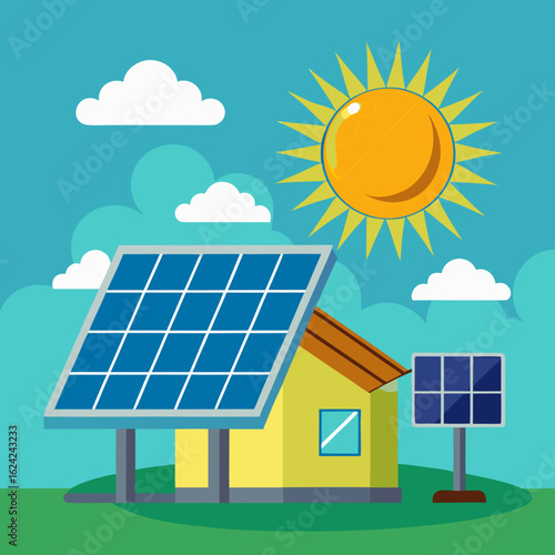 solar panels and sun vector illustration white background
