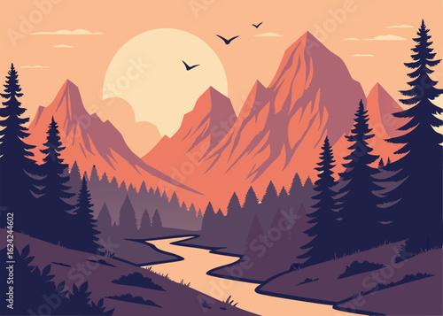 Serene Mountain Landscape with Rising Sun River and Evergreen Trees Vector Illustration