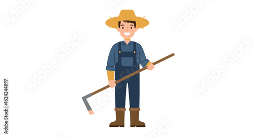 Cartoon illustration of a smiling young farmer in overalls holding a hoe. Agricultural worker character isolated on white background.
