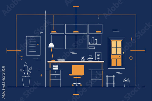 office blueprint drawing with labeled rooms  .eps
