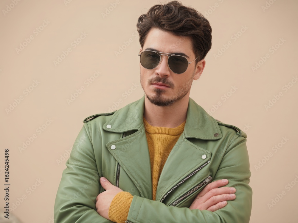 Fototapeta premium Stylish young man wearing sunglasses and green jacket portrait