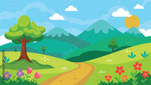 Vibrant cartoon landscape with winding path and mountains