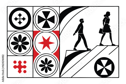 Stylized illustration of business professionals ascending steps alongside geometric patterns promoting business growth and achievement
